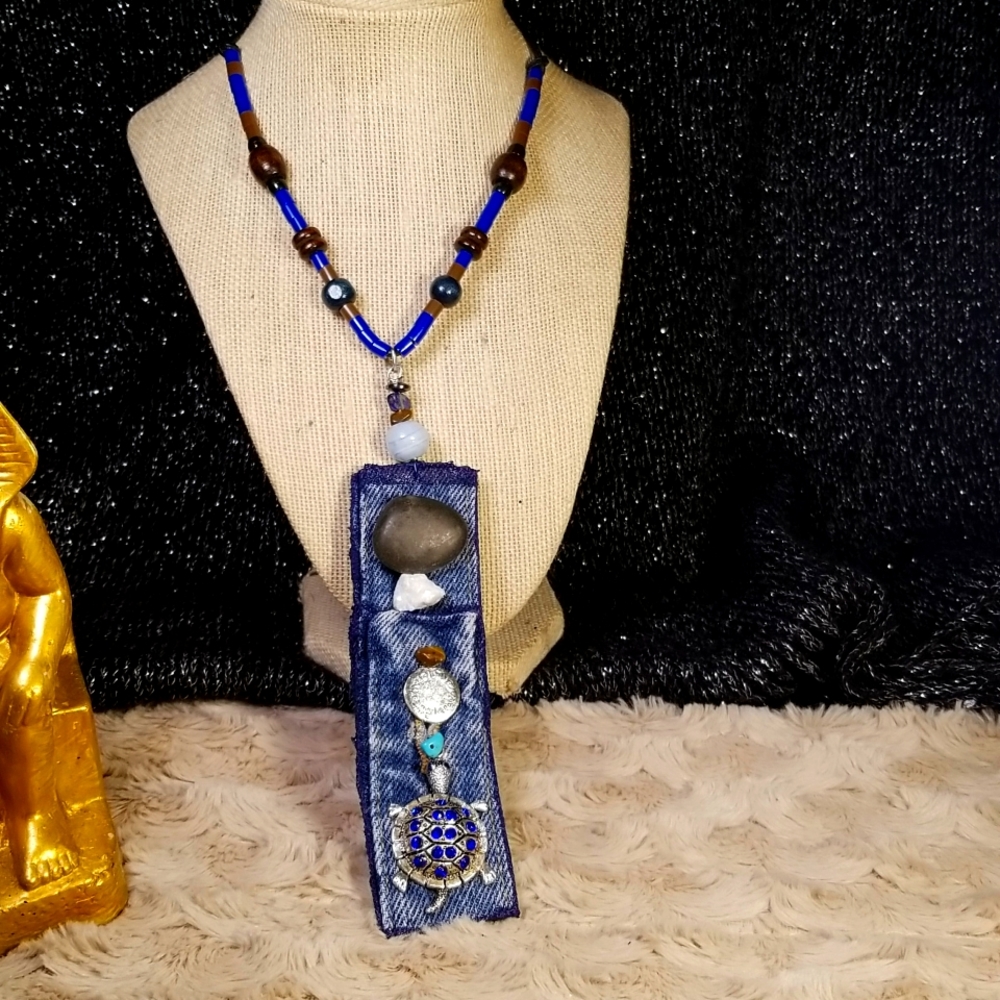 Denim fabric turtle necklace